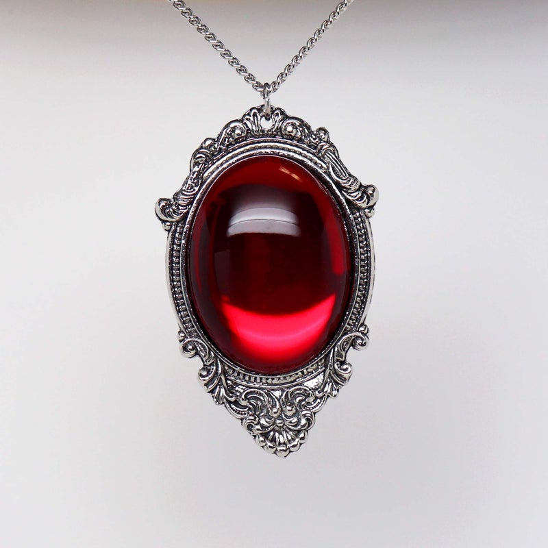 Real Metal Blood Red Cabochon in Silver Finish Pewter Frame Pendant Necklace - Image 5